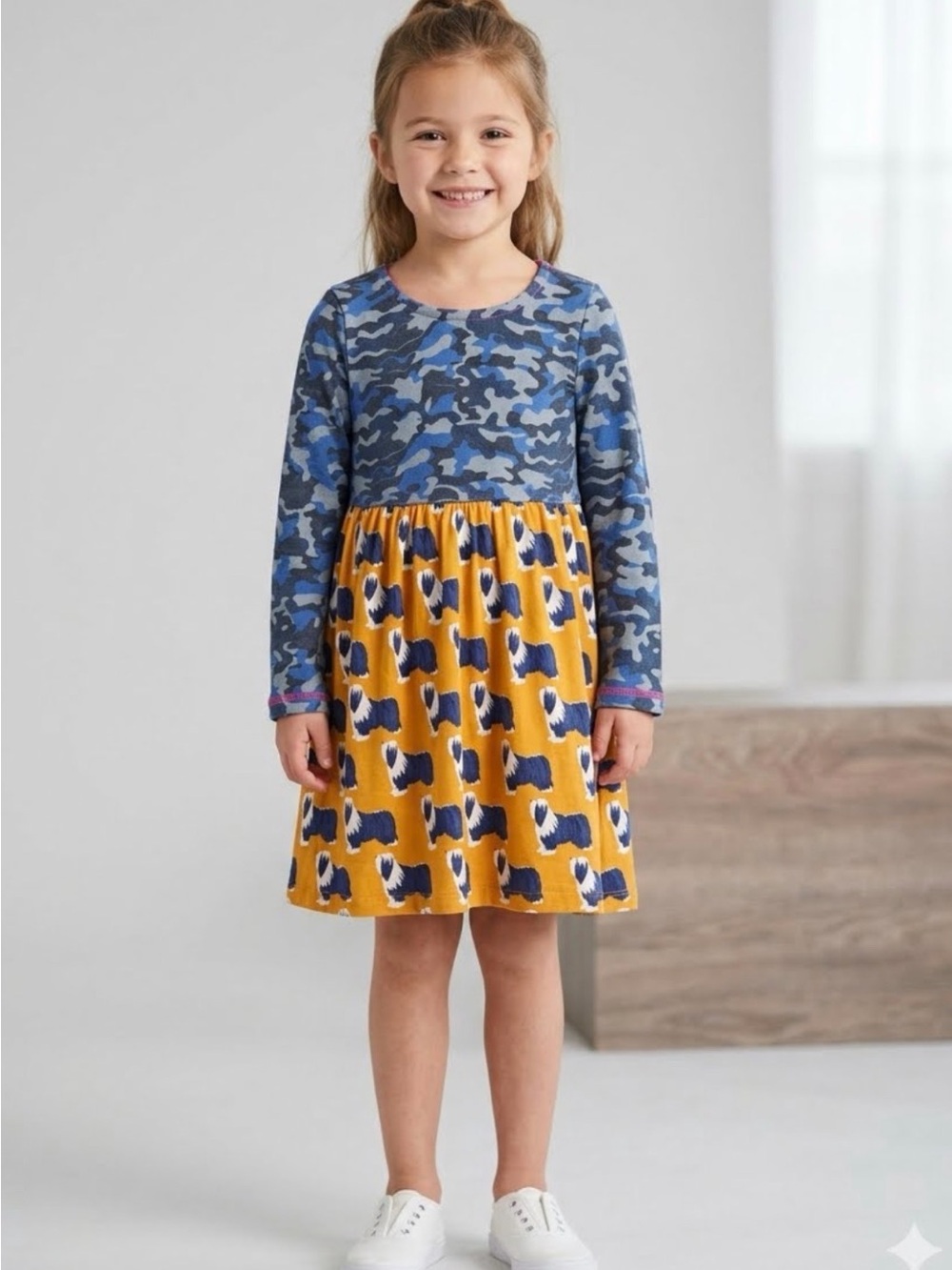 Pink Chicken Girls' Blue Camo Top with Mustard Dog-Print Skirt Dress 6/6X